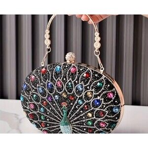 Womens Peacock Rhinestone Crystal Evening Clutch Purse Black Oval w/